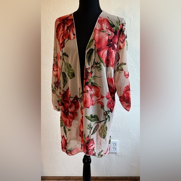 Other - Tan with Red Roses Floral Sheer Bell Sleeves Kimono Swimsuit Cover-Up